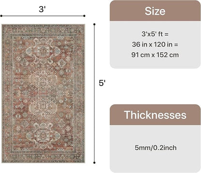 Bavni 3x5 Area Rug for Living Room Bedroom, Washable Boho Print Vintage Aesthetic Rug, Ultra-Thin Low Pile Rugs for Entryway Playroom with Non Slip Backing, Brick