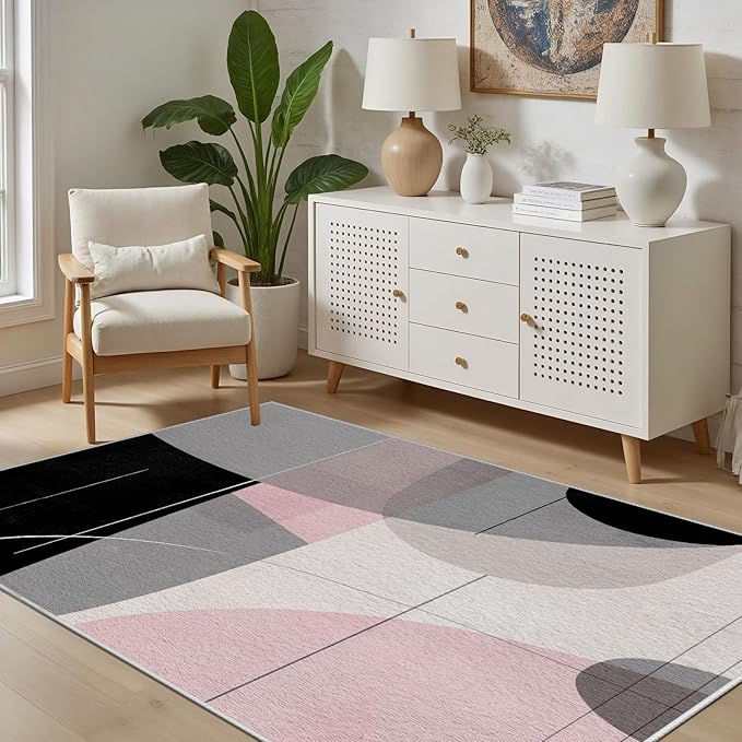 Abstract Art Line Living Room Area Rugs 3x4, Modern Boho Geometric Print Rug, Minimalist Washable Non Slip Neutral Soft Carpet for Bedroom, Dining Room Office Playroom, Black Gray