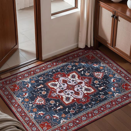Tangsoo Red Vintage Small 2x3 Washable Rugs for Entryway Non-Slip Oriental Low Pile Rug for Front Door, Kitchen, Indoor, Accent Throw Small Area Rug, Door Mat for Entrance, Soft Boho Rug
