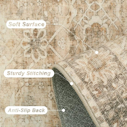 8x10 Washable Area Rug Beige Vintage Rug for Living Room Bedroom Low Pile Soft Non-Slip Boho Rug for Under Table Boho Distressed Retro Carpet for Bedroom Kitchen Office Dining