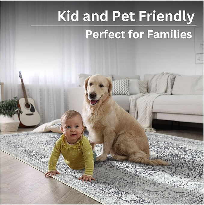 Bloom Rugs Washable Non-Slip 8' x 10' Rug - Charcoal Blue Traditional Medallion Area Rug for Living Room, Bedroom, Dining Room, and Kitchen - Exact Size: 8' x 10'