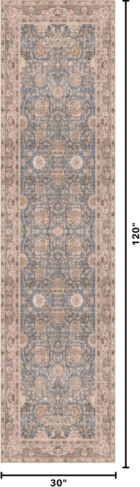 Kuden 2'6"x10 Runner Rug, Machine Washable Area Rug with Non-Slip Backing, Vintage Style, Soft, Easy Clean, Low Pile Rug for Hallway, Entryway, Kitchen, Bedroom