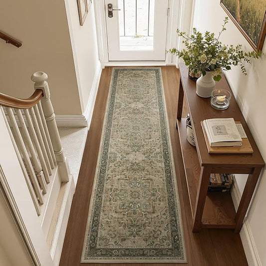 Moody Distressed 2x8 Runner Rugs for Hallways Entryway, Vintage Medallion Carpet Runner for Kitchen/Bedroom Bedside/Laundry Room/Bathroom Low Pile Washable Non Slip, Multi Brown/Green