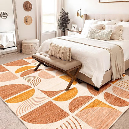 MUJOO Area Rug 6x9,Washable Rugs for Living Room Bedroom Dining Room,Large Boho Throw Floor Carpet Non Slip Soft Modern Abstract Bohemian Orange