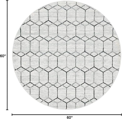 Rugs.com Lattice Trellis Collection Rug – 5 Ft Round White Low-Pile Rug Perfect for Kitchens, Dining Rooms