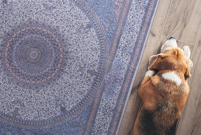 GLN Rugs Traditional Collection - Machine Washable Area Rug, Traditional Washable, Non Slip, Low Pile Chenille Rug, Living Room, Bedroom, Kitchen Rug (5' x 7' Navy/Off White)