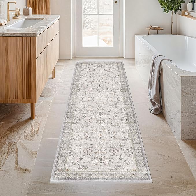 Light Gray Washable 2'6"x8' Wide Runner Rugs for Kitchen, Bathroom, Hallway, Non-Slip & Stain Resistant Long Floor Rug, Neutral Boho Floral Décor