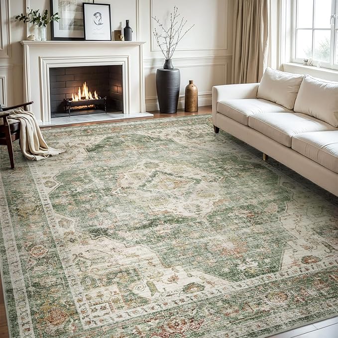 AMOAMI-Area Rug 6X9 Rugs for Living Room-Vintage Soft Green Rugs for Bedroom-Non Slip Carpet-Machine Washable Rug for Dining Room Living Room Bedroom Office Under Table