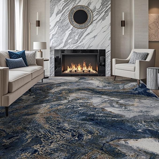 Washable Rug for Living Room: Abstract 8x10 Area Rugs for Bedroom Dining Room Low Pile Non-Slip - Stain Resistant Large Carpet Indoor - Modern Marble Blue Gold