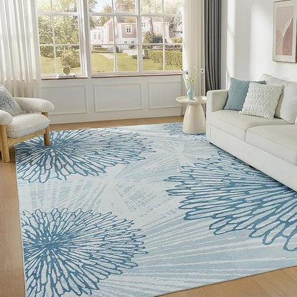 WITSHOCK 8x10 Washable Rug for Living Room,Modern Floral Distress Print Pattern Area Rugs,Stain Resistant with Non Slip Backing Carpet for Dining Room,Bedroom & Home Decor,Blue/Light Blue