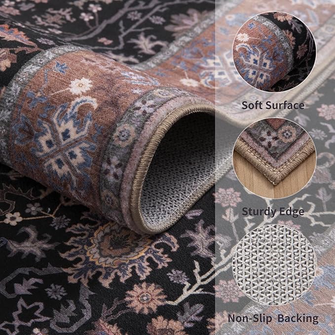 Ciicool Black Area Rugs Washable Non Slip Runner Rug, 2x6ft Hallway Rug Vintage Kitchen Carpet for Entrance Bedroom Laundry Bathroom Decor