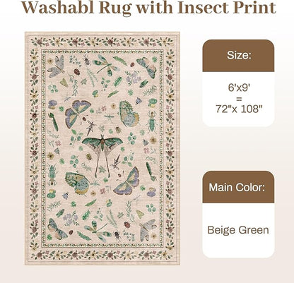6x9 Rugs for Living Room with Insect Print - Bug Rug Non-Silp Stain Resistant Soft Carpet for Bedroom, Low Pile Ultra-Thin Machine Washable Carpet for Dining Room, Kids Nursery, Office (6'x9' Beige)