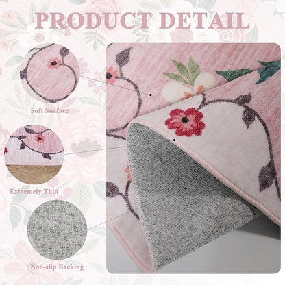 DUKINO Floral Round Rug, 6ft Washable Circle Rug, Non Slip Indoor Low Pile Circle Rug, Soft Small Boho Design Carpet for Bedroom, Entryway, Living Room, Dining Room, Pink