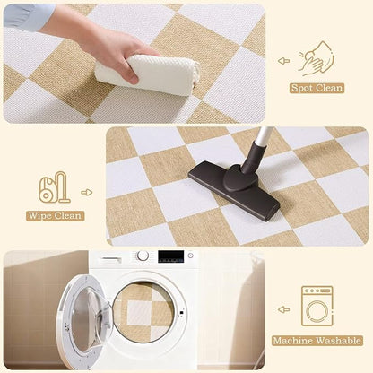 Vasofe 3x5 Plaid Rug, Jute Rugs, Washable Outdoor Indoor Checkered Carpets, Entryway Bedroom Potio Porch Kitchen Carpet, Non Slip Farmhouse Neutral Office Laundry Floor Mat, Khaki and White
