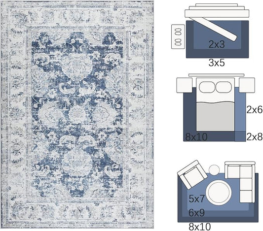 jinchan Fiora Washable Area Rug 3x5 Entryway Rug Distressed Vintage Floral Ultra-Thin Low-Pile Soft Non-Shedding Indoor Floor Carpet for Kitchen Bedroom Entrance Laundry Living Room(3x5ft, Dark Blue)