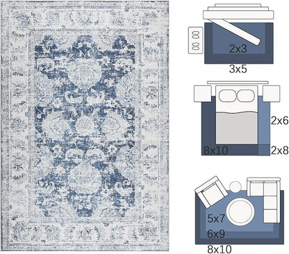 jinchan Fiora Floral 2x3 Rug for Entryway - Vintage Washable Area Rug Ultra-Thin Low Pile Soft Small Non Slip Distressed Indoor Door mat Accent for Entrance Kitchen Bathroom Bedroom (2x3ft, Dark Blue)