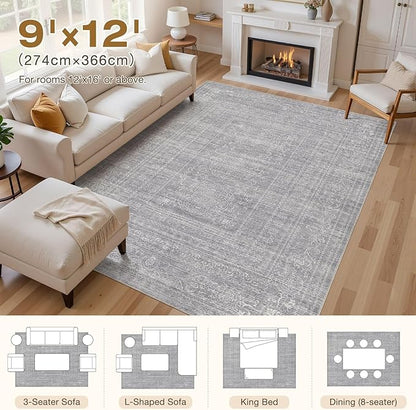 Area Rugs 9x12 Living Room: Washable Large Vintage Grey Rug Neutral Non-Slip Soft Stain Resistant Indoor Carpet for Bedroom Nursery Dining Room Under Table Bed Home House Office Playroom