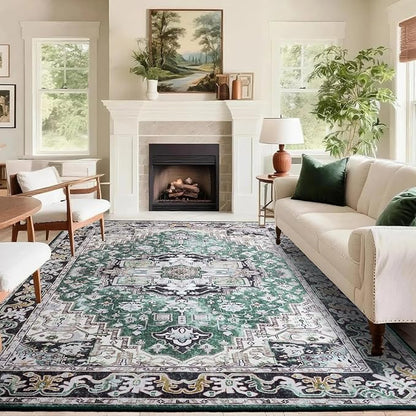 Large Area Rugs 6x9 , Washable Vintage Rugs -Low Pile, Soft Plush Rugs for Bedroom, Kitchen, Dining Room, Stain Resistance, Non Shedding & Kid & Pet Friendly, Green