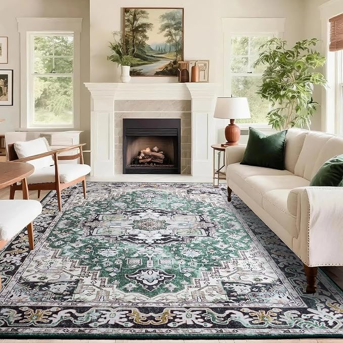 Washable Area Rugs 3x5 , Low Pile Super Soft Carpet, Vitnage Distressed Rug for Bedroom, Living Room, Dining Room, Non-Slip, Low Pile, Green