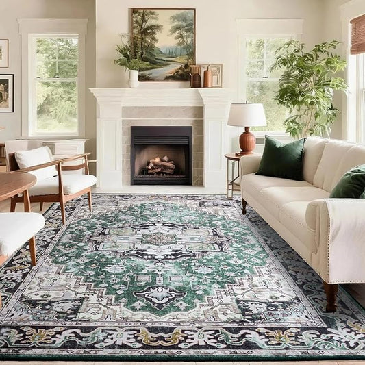Washable Area Rugs 3x5 , Low Pile Super Soft Carpet, Vitnage Distressed Rug for Bedroom, Living Room, Dining Room, Non-Slip, Low Pile, Green