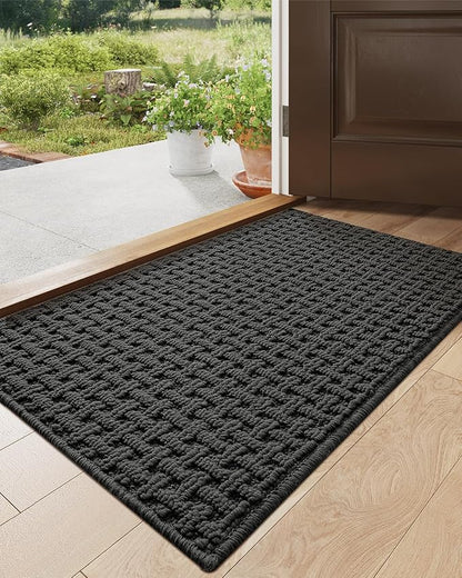 DEXI Front Entryway Door Mat Non Slip 17x30, Washable Entry Way Mats Inside Entrance Low Profile, Welcome Doormat Dirt Trapper for House Floor Home Porter Hall Backdoor Area, Dark Grey