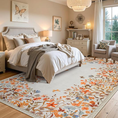Wonnitar Floral Washable Area Rug 4x6 Halloween Rug, Non-Slip Soft Fall Rugs for Bedroom, Low Pile Botanical Nursery Rug Carpet for Bedside Kids Room Dorm Decor (Orange,4'x6')