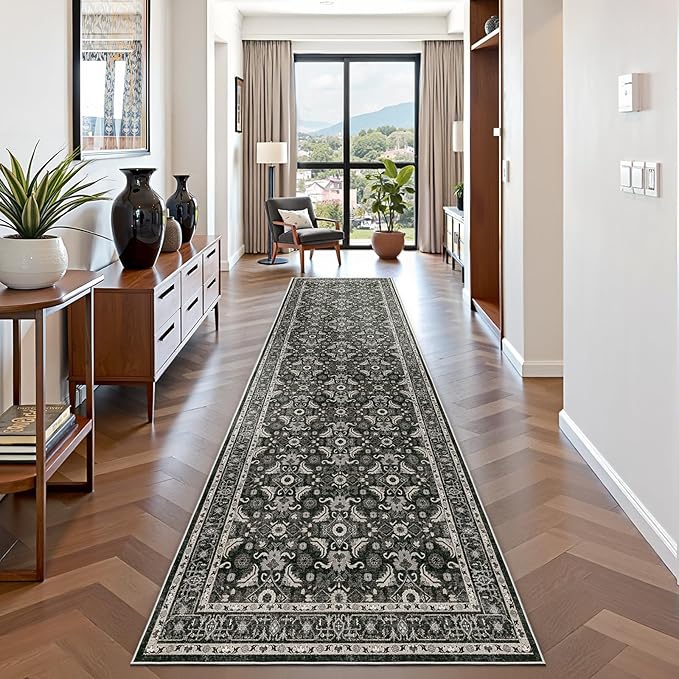 WITSHOCK Black Boho Washable 3x8 Kitchen Runner Rug,Vintage Neutral Hallway Rugs for Entryway,Soft Distressed Floor Mat for Bedroom,Entrance,Indoor Back Door(Black,3x8)