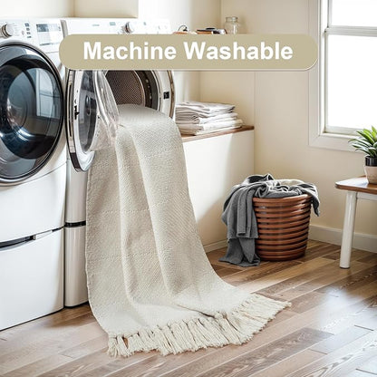 Collive Hallway Runner Rug, 2' x 5' Soft Washable Kitchen Runner Rug, White/Beige Contemporary Modern Laundry Room Rugs Indoor Hand-Woven Cotton Carpet for Bedroom Entryway Front Door Farmhouse