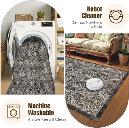 Washable Area Rug 9' x 12' Vintage Traditional Persian Mat - Foldable Distressed Non-Slip Machine Washable Carpet for Living Room Bedroom Kitchen Home Decor - Ebony and Taupe