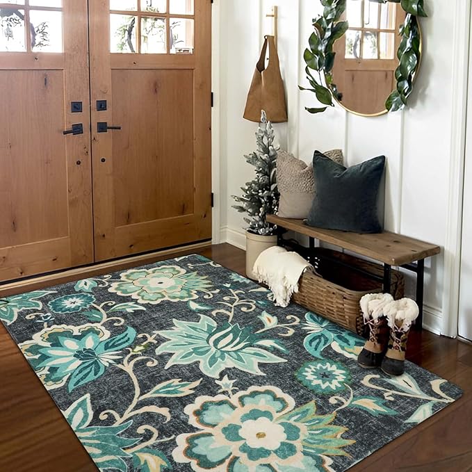 Lahome Floral Living Room Rug - 3x5 Area Rugs for Bedroom Machine Washable Non-Slip Throw Kitchen Entryway Rug Soft Paisley Print Distressed Floor Capet for Office Laundry Room Dining Room Bathroom