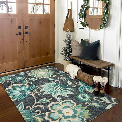 Lahome Floral Living Room Rug - 3x5 Area Rugs for Bedroom Machine Washable Non-Slip Throw Kitchen Entryway Rug Soft Paisley Print Distressed Floor Capet for Office Laundry Room Dining Room Bathroom