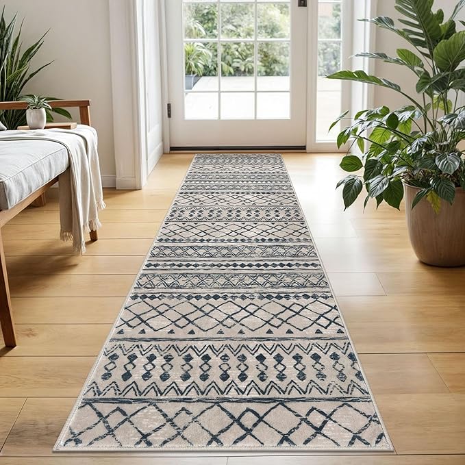 KUTA Boho Kitchen Rug 2x5 Light Brown Black Moroccan Washable Runner Rug Non-Slip Vintage Hallway Runners Ultra Soft Distressed Geometric Floor Carpet for Bedroom Laundry Living Room