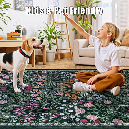 Area Rug Living Room Rugs: Floral 5x7 Washable Rug Vintage Soft Boho Non-Slip Carpet Indoor Floor Stain Resistant Large Carpets for Bedroom Dining Room Farmhouse Nursery Hallway Home Office Dark Green