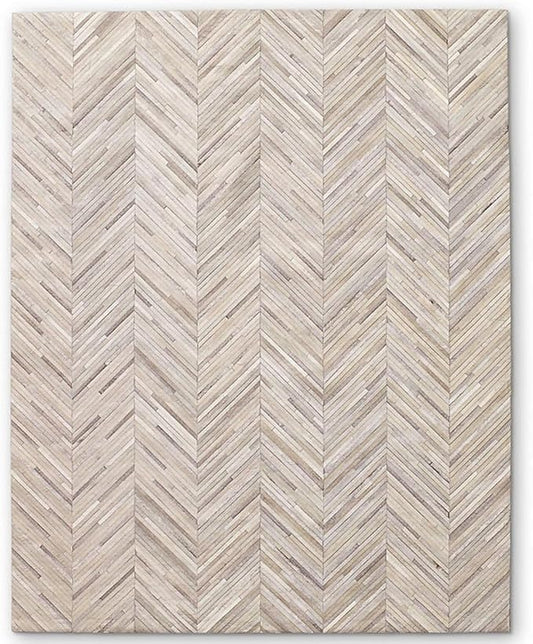 Elegant Rectangular Rug Cowhide Leather Stylish Luxury Non Slip Chevron Patchwork Area Rug for Living Room and Home Décor Floor Carpet (Beige-6 x 9 ft)