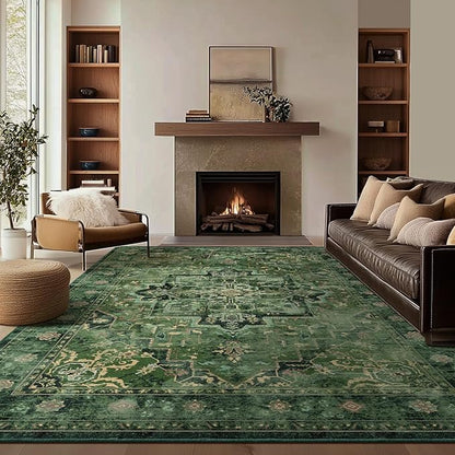 Large Vintage Area Rugs 9x12 for Living Room, Dark Green Tranditional Distressed Medallion Printed Big Carpet Rugs for Bedroom, Washable Non Slip Low Pile Thin Rugs for Dining Room