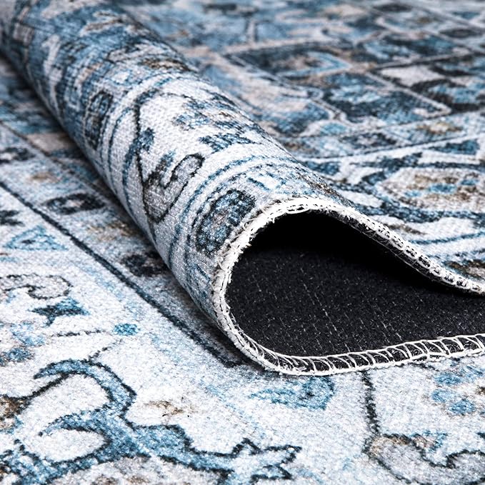 Bloom Rugs Caria Washable Non-Slip 12 ft Runner - Navy Blue Traditional Runner for Entryway, Hallway, Bathroom, and Kitchen - Exact Size: 2'6" x 12'