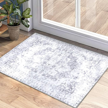 COMSLE Washable Door Mat, Front Door Mat Indoor Faux Wool Absorbent Small Rugs for Entryway Distressed Throw Rug Non-Slip Accent Floor Carpet for Entrance Bedroom, 24X36 Inches Gray