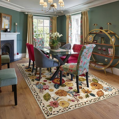 5x8 Machine Washable Area Rug for Living Room, Beige Vintage Boho Floral Rug Large Non-Slip Low Pile Soft Faux Wool Carpet, Kids and Pets Friendly for Bedroom Dining Room Farmhouse Home Decor Rug