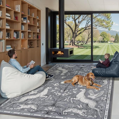 Lahome Boho Animal 6x9 Washable Living Room Area Rugs, Grey Soft Rugs for Bedroom, Botanical Large Boho Non Slip Dining Room Carpet for Under Table Office Kids Playroom (6x9ft,Grey)