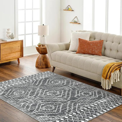 Wonnitar Moroccan 5x7 Washable Rug, Large Grey Area Rug for Living Room, Non-Slip Boho Bedroom Carpet Thin Soft Non-Shedding Farmhouse Rug for Dining Room Table Kitchen Home Office (Dark Grey,5'x7')