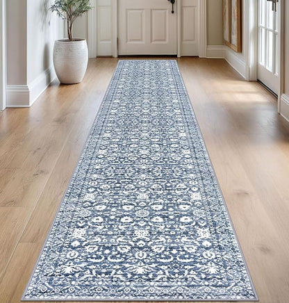 Runner Rug 2.6x14, Light Blue White Washable Long Hallway Rug Runner Non-Slip Soft Kitchen Runner Thin Printed Faux Wool Super Soft Carpet for Entryway Bedroom Laundry Room Indoor Home Decor