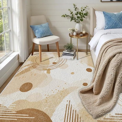 Minimalist Abstract Area Rug 2x3 Beige Boho, Modern Washable Geometric Art Carpet, Soft Non-Slip Low-Pile Carpet for Living Room, Bedroom, Kitchen, Dining Room, Pet Friendly, Non-Shedding, Brown