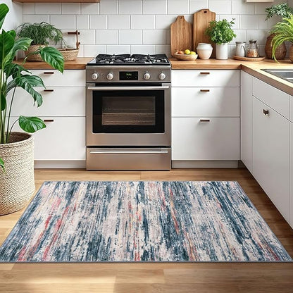 3x5 Modern Abstract Area Rug for Entryway, Teal Blue Peach Gray Multi Super Soft Washable Rug with Non-Slip, Low-Pile Door Mat Indoor for Living Room Bedroom, Living Carpet with Non-Shedding
