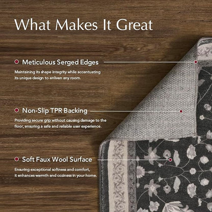 EVERGRACE Area Rugs for Living Room 8x10, Boho Floral Faux Wool Indoor Outdoor Rugs, Washable Rugs for Bedroom Dining Room Entryway Kitchen, Low Pile Floor Mat Carpet for Home Decor, Ebony Black