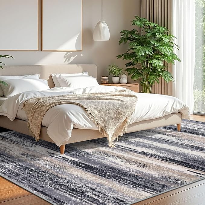 Modern Abstract 8x10 Large Machine Washable Living Room Rug Non-Slip Soft Bedroom Area Rug Grey Black Multi Ultra Thin Print Faux Wool Carpet Throw Rugs for Nursery Playroom Dining Room Indoor