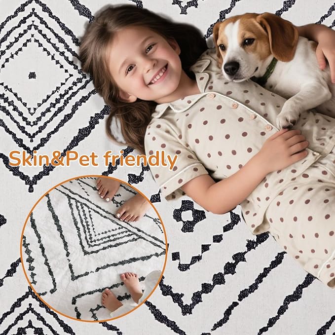Area Rug 2x10 Rug Machine Washable Non-Slip Low Pile Print Pattern Western Rug for Living Room Bedroom Entryway Tribal Series -Navywhite/Black