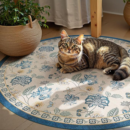 jinchan Elora 4ft Floral Round Rug for Entryway Washable Kitchen Rug Vintage Romance Design Non Slip Indoor Doormat Lightweight Low-Profile Throw Carpet for Living Room Dining Room Bedroom, Blue/Beige