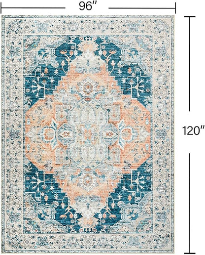 YJ.GWL Area Rugs for Living Room 8x10 Machine Washable Rugs, Non Slip Floral Vintage Rug Indoor Carpet, Stain Resistant Large Rug for Bedroom Dining Room, Dark Blue
