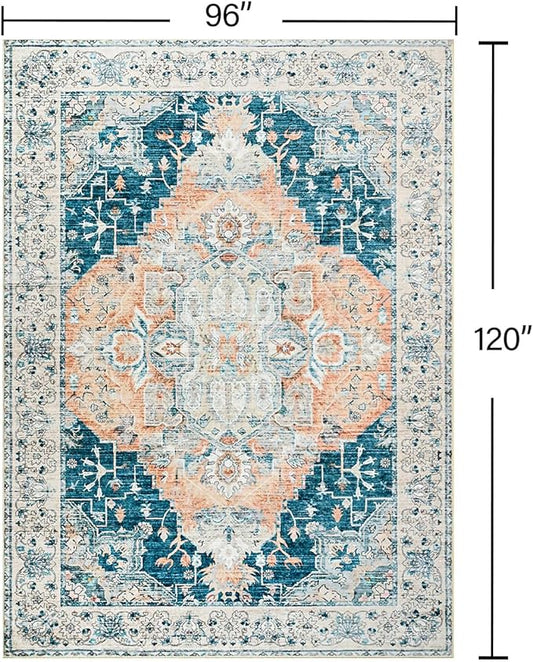YJ.GWL Area Rugs for Living Room 8x10 Machine Washable Rugs, Non Slip Floral Vintage Rug Indoor Carpet, Stain Resistant Large Rug for Bedroom Dining Room, Dark Blue