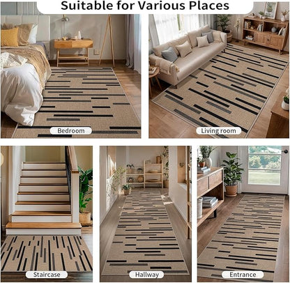 Tangsoo Stripe Easy Jute Rug,Ultra Thin 3x5 Washable Area Rug for Bedroom,Non-Slip Black Indoor Outdoor Rug Modern Low Pile Carpet Farmhouse Non Shedding Mat for Patio Backyard Entryway